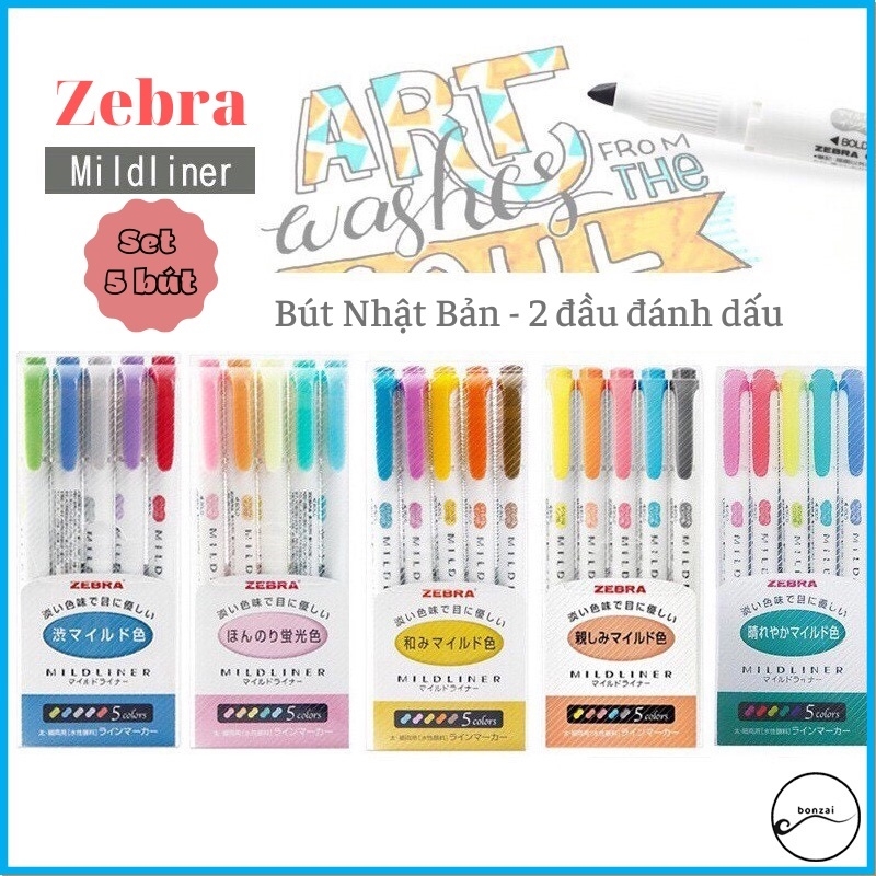 Set 5 bút 2 đầu  Zebra Mildliner (Nhật Bản)