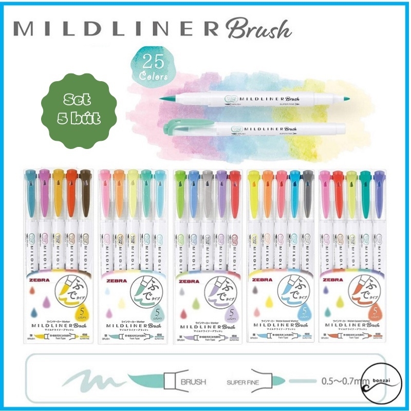 Set 5 bút đánh dấu 2 đầu ZEBRA MILDLINER BRUSH