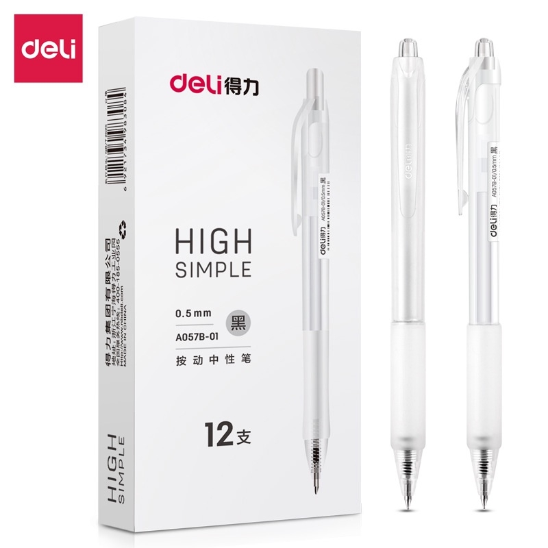 Bút gel Deli văn phòng sinh viên thiết kế vỏ trong suốt ngòi 0,5mm mực đen A057B-01
