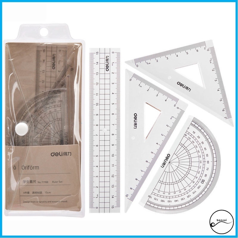 Bộ 4 dụng cụ Eke học sinh Deli, thước kẻ, thước đo độ, thước tam giác - 71988 (Hàng chính hãng)