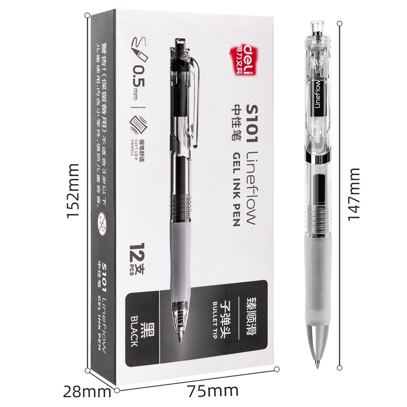Bút gel Deli văn phòng sinh viên thiết kế vỏ trong suốt ngòi 0,5mm mực đen A057B-01