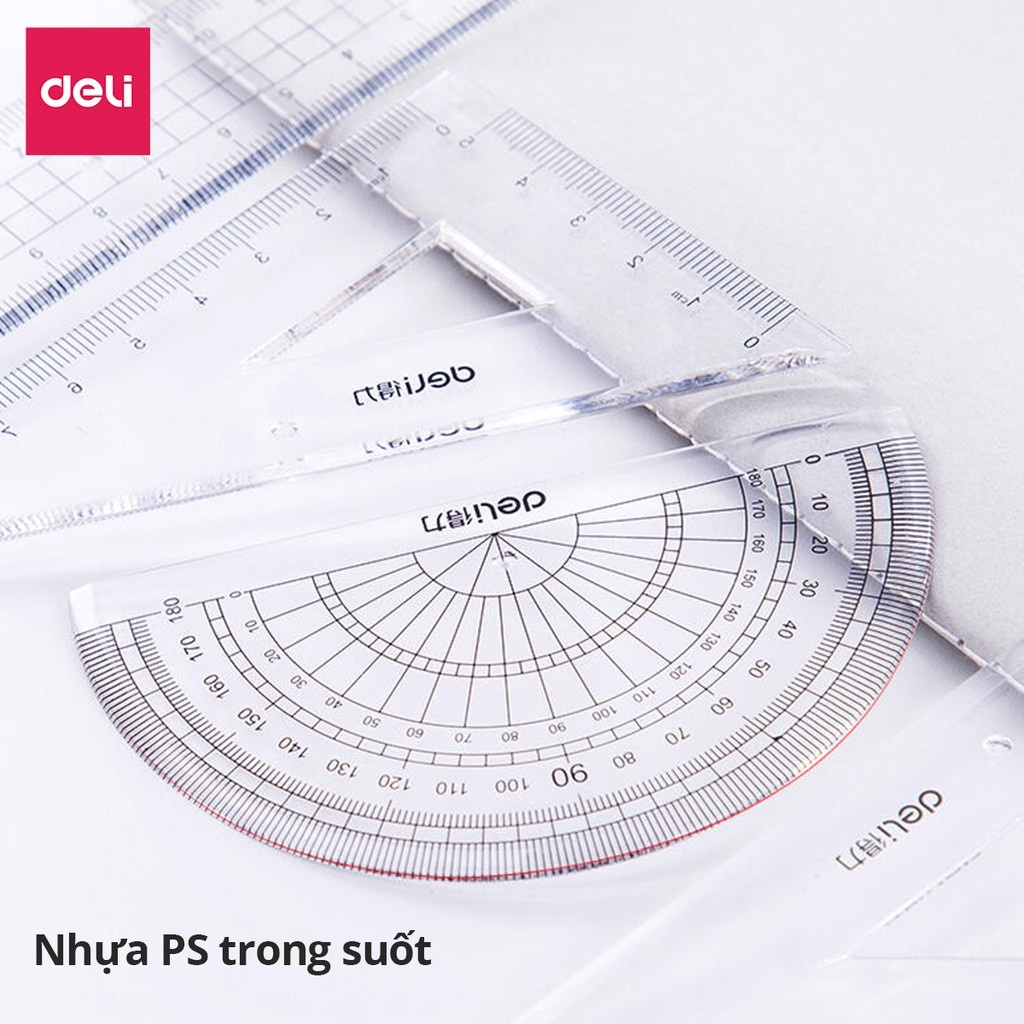 Bộ 4 dụng cụ Eke học sinh Deli, thước kẻ, thước đo độ, thước tam giác - 71988 (Hàng chính hãng)