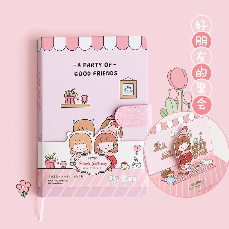 Sổ tay nhật ký, sổ ghi chép A5 bìa cứng cô gái nhỏ nghệ thuật dễ thương khóa từ Nam Châm