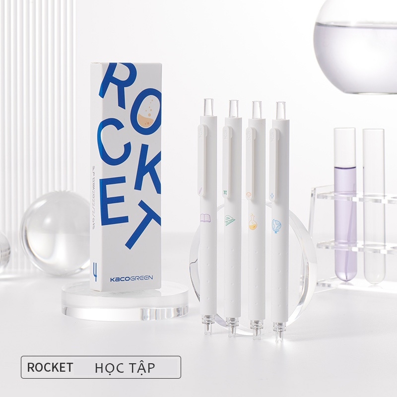 Bộ 4 bút bi Kaco Rocket Trắng học tập mực đen ngòi 0,5mm (Hàng chính hãng)