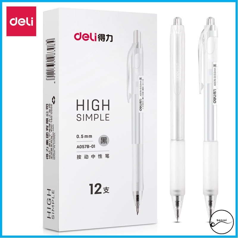 Bút gel Deli văn phòng sinh viên thiết kế vỏ trong suốt ngòi 0,5mm mực đen A057B-01
