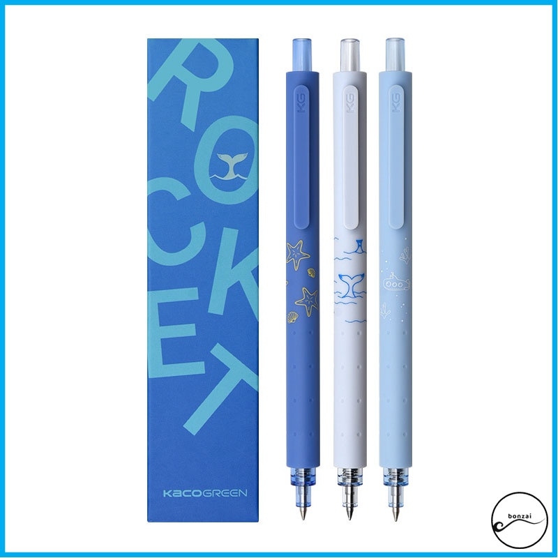 Bộ 3 bút gel Kaco Rocket Xanh Đại Dương mực đen ngòi 0,5mm (Hàng chính hãng)