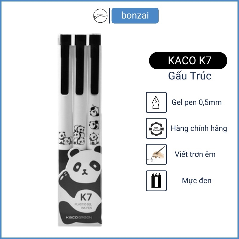 Bộ 3 bút KACO Panda K7 mực đen ngòi 0,5mm (Hàng Chính Hãng)