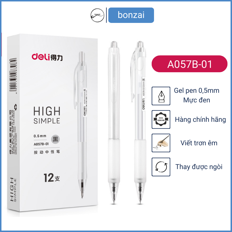 Bút gel Deli văn phòng sinh viên thiết kế vỏ trong suốt ngòi 0,5mm mực đen A057B-01