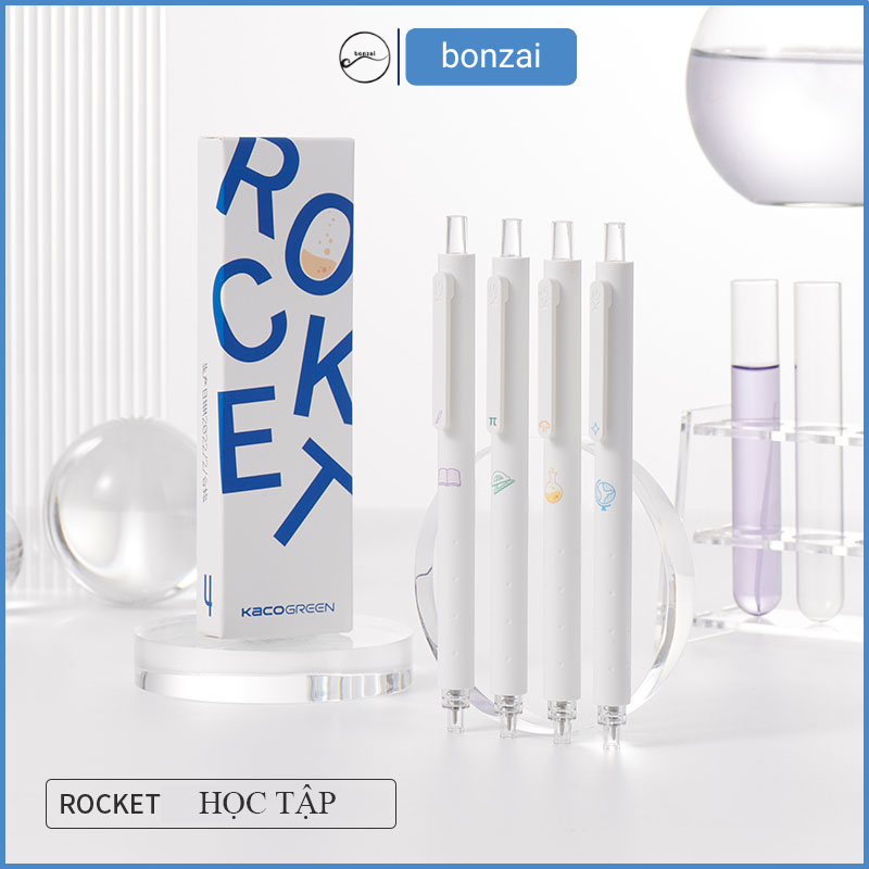 Bộ 4 bút bi Kaco Rocket Trắng học tập mực đen ngòi 0,5mm (Hàng chính hãng)