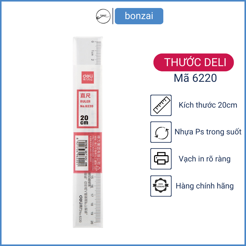 Thước kẻ Deli trong suốt 20cm - mã 6220