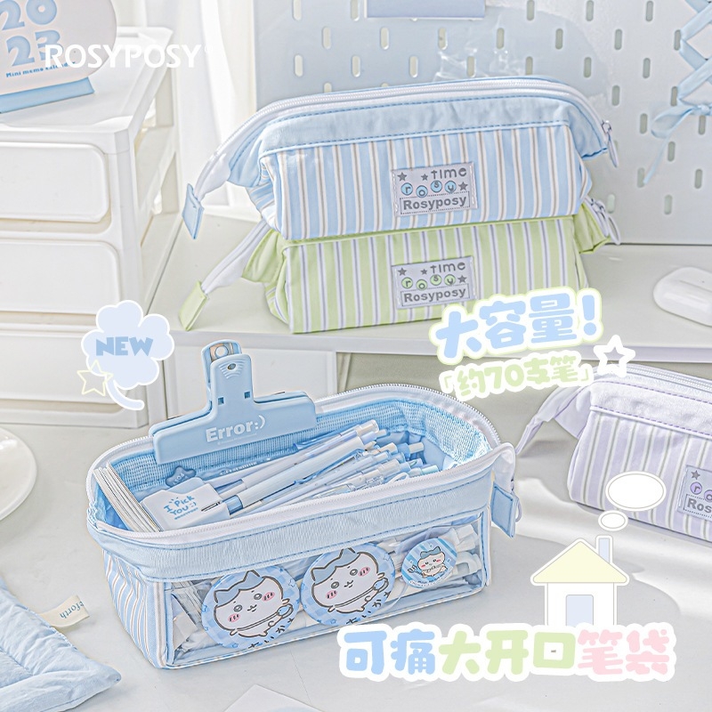 Túi đựng bút TIME ROSYPOSY vải sọc có ngăn trong suốt sức chứa lớn chống ố