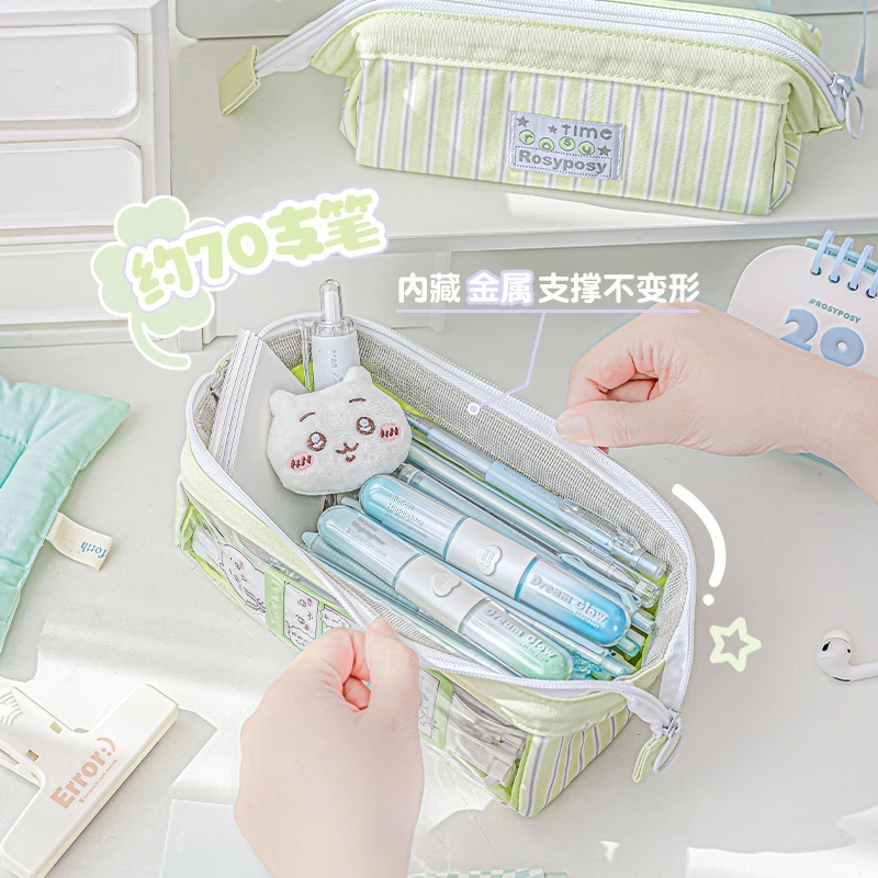 Túi đựng bút TIME ROSYPOSY vải sọc có ngăn trong suốt sức chứa lớn chống ố