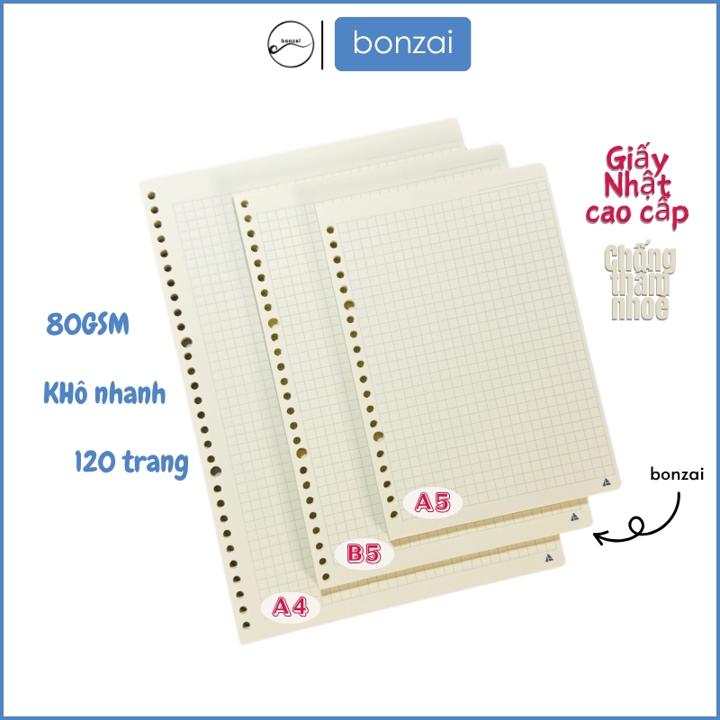 Ruột sổ còng giấy refill 20 26 30 lỗ A5 B5 A4 sổ Planner Bullet Journal