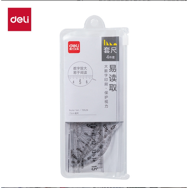 Bộ 4 dụng cụ Eke học sinh Deli, thước kẻ, thước đo độ, thước tam giác - 71988 (Hàng chính hãng)