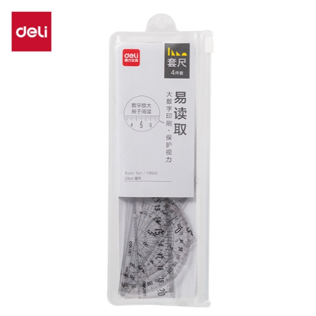 Bộ 4 dụng cụ Eke học sinh Deli, thước kẻ, thước đo độ, thước tam giác - 71988 (Hàng chính hãng)