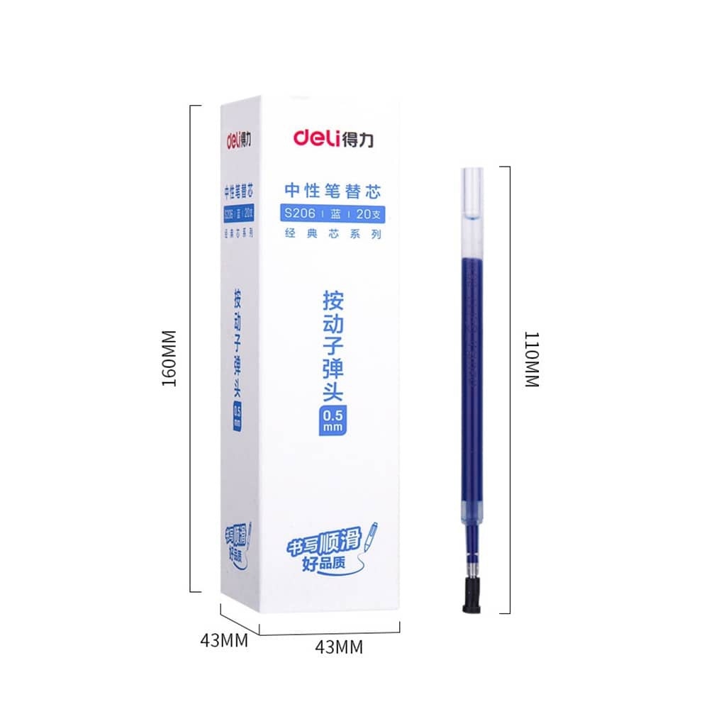 Ruột bút gel DELI S206 (Set 20 ruột) ngòi 0,5mm (Hàng Chính Hãng).