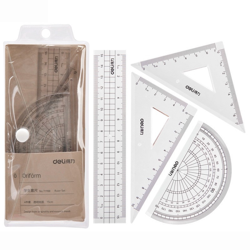 Bộ 4 dụng cụ Eke học sinh Deli, thước kẻ, thước đo độ, thước tam giác - 71988 (Hàng chính hãng)