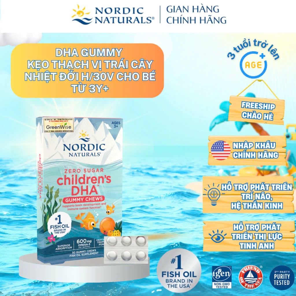 Viên Kẹo Dầu Cá Nordic Naturals Children's DHA Gummy Chew 30 Viên, Cho Bé Từ 3 Tuổi