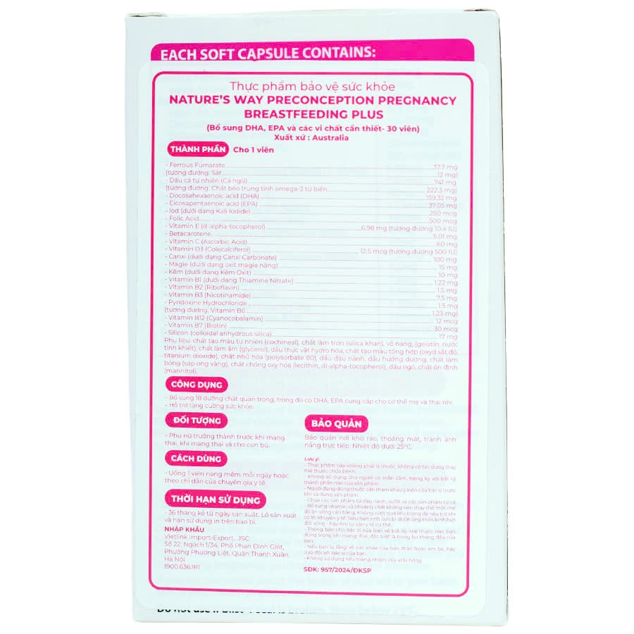 Nature's Way PreConception Pregnancy Breastfeeding Plus, Bổ sung DHA, EPA, vitamin và khoáng chất trước trong và sau thai kỳ