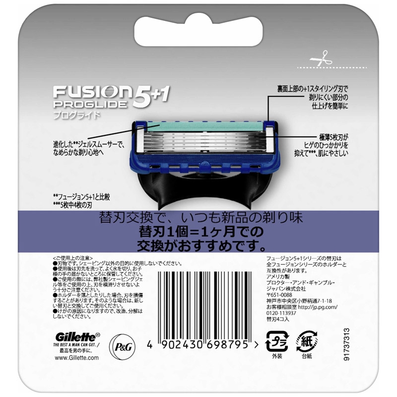 Gillette - Set 4 Lưỡi Dao Cạo Râu Gillette Fusion ProGlide Nhật Bản 5 Lưỡi Kép (Xanh)