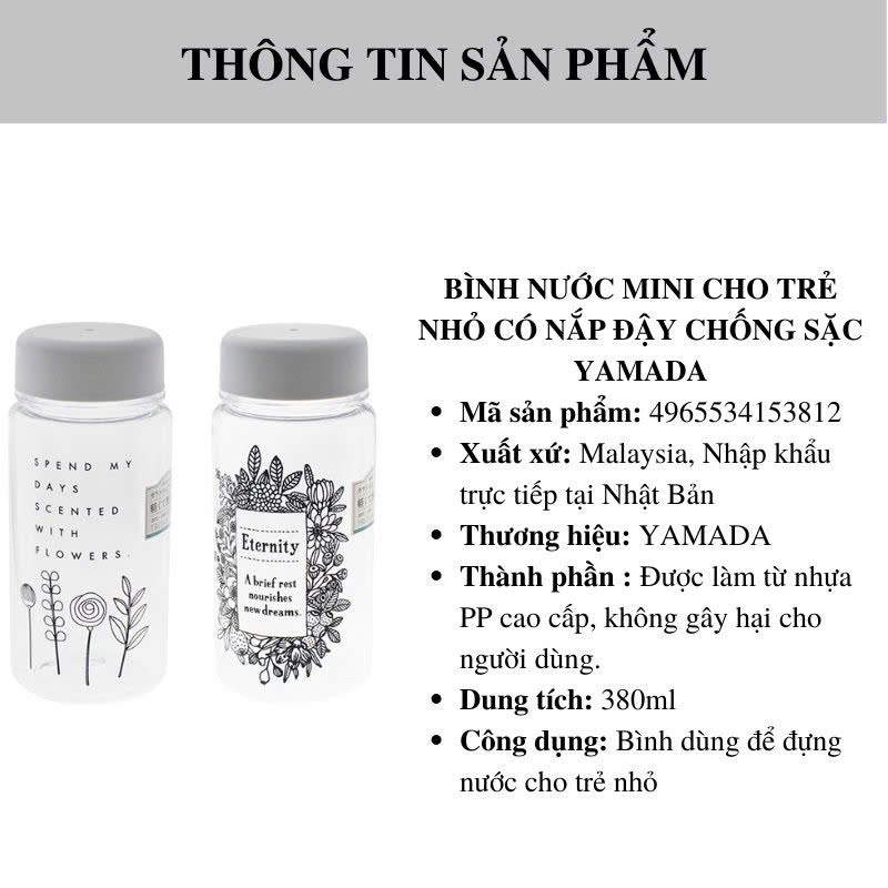 Bình Đựng Nước Cho Trẻ Nhỏ Có Nắp Đậy Chống Sặc – Nhựa Trong Suốt 380ml