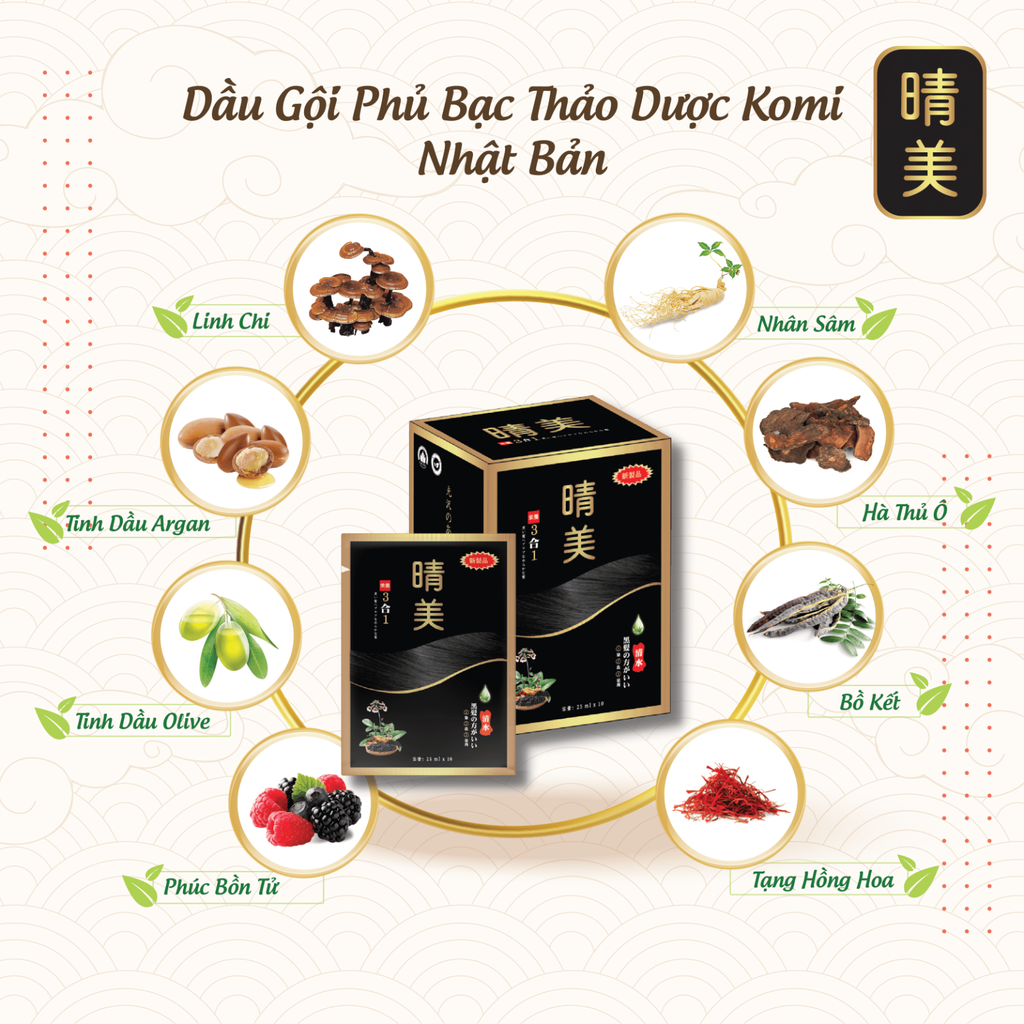 KOMI - Dầu Gội Phủ Bạc Hữu Cơ Màu Đen Tự Nhiên (Hộp 10 Gói x 25ml)