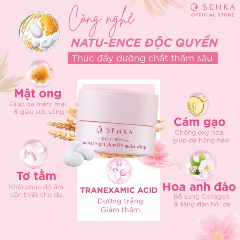 Senka - Kem Dưỡng Trắng Da Chống Nắng Ban Ngày Senka Aqua Bright Glow UV Moist Whip SPF25+/PA++ 50g