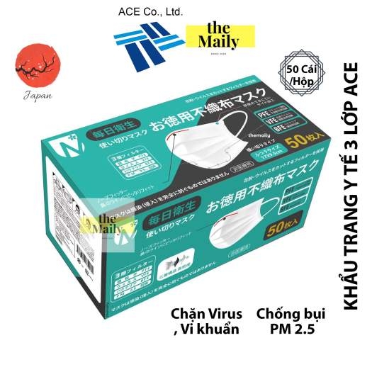 ACE - Hộp 50 Khẩu Trang Kháng Khuẩn, Chống Bụi 3 Lớp PP ACE Nhật Bản