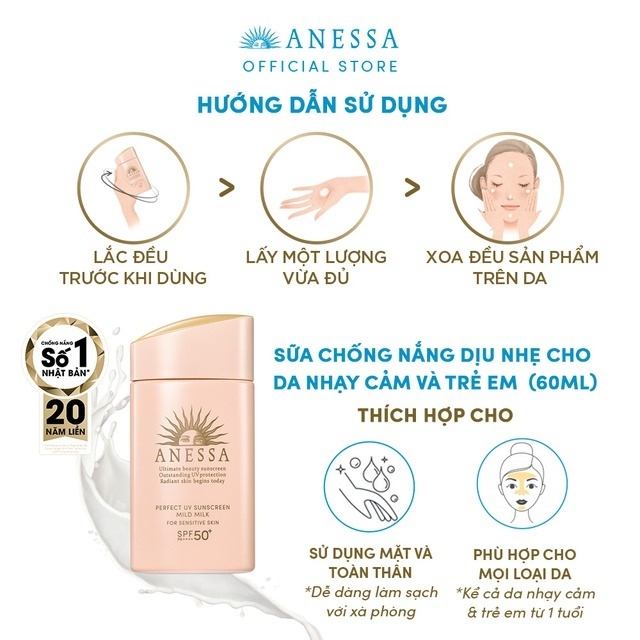 Anessa - Sữa Chống Nắng Bảo Vệ Hoàn Hảo Anessa Perfect UV Sunscreen Mild Milk SPF50+ PA++++  Cho Da Nhạy Cảm (60ml)