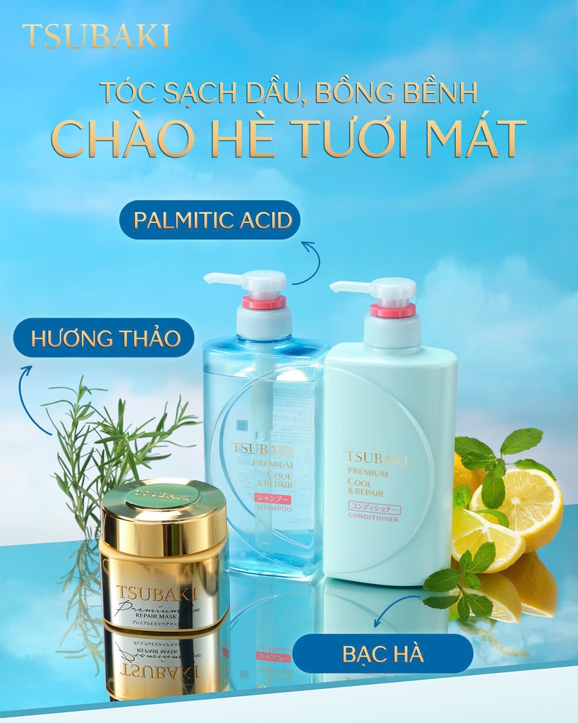 Tsubaki - Cặp Dầu Gội Xả Sạch Dầu Mát Lạnh & Phục Hồi Hư Tổn Tsubaki Premium Cool & Repair Shampoo 490mlx2