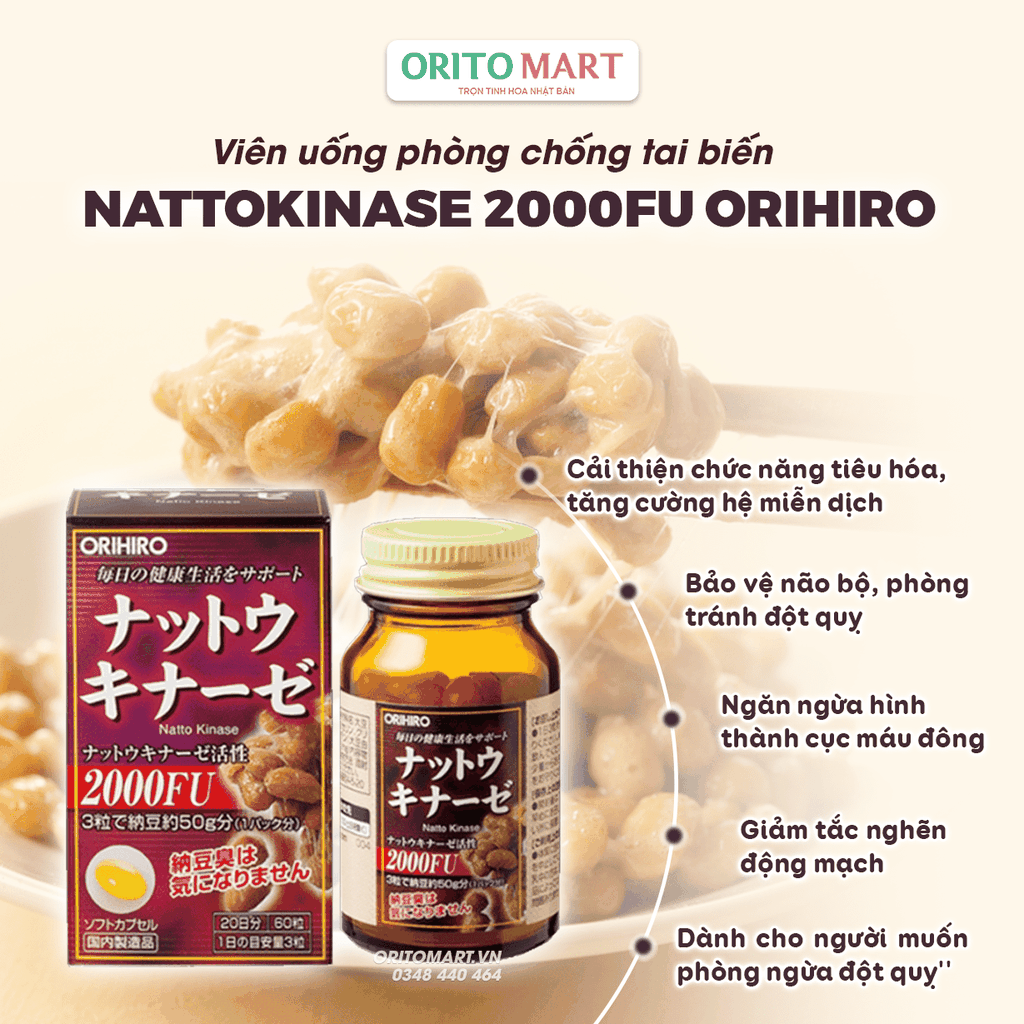 ORIHIRO - Viên Uống Hỗ Trợ Phòng Ngừa Tai Biến Natto Kinase 2000FU 60 Viên ( 20 ngày)