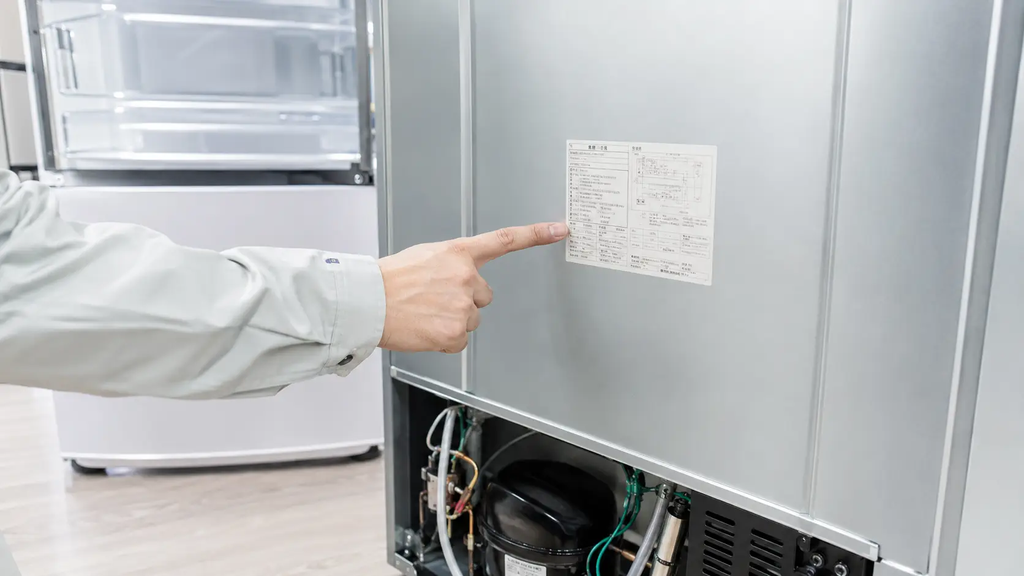 Kiểm tra tem điện áp 100V trên tủ lạnh nội địa Nhật trước khi sử dụng