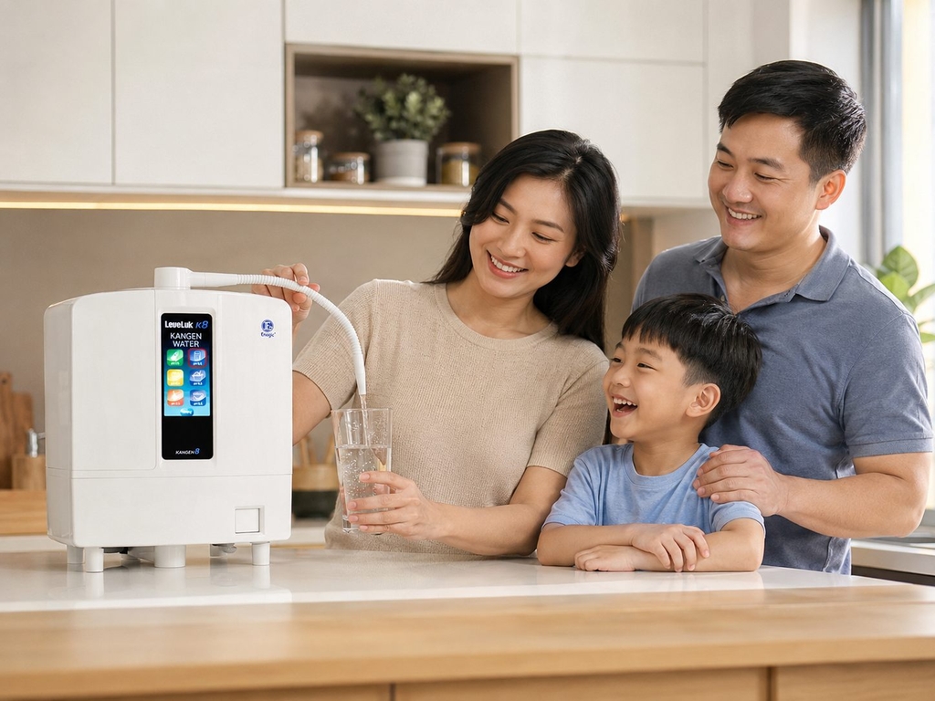 Gia đình Việt Nam sử dụng máy lọc nước nội địa Nhật Bản trong nhà bếp hiện đại