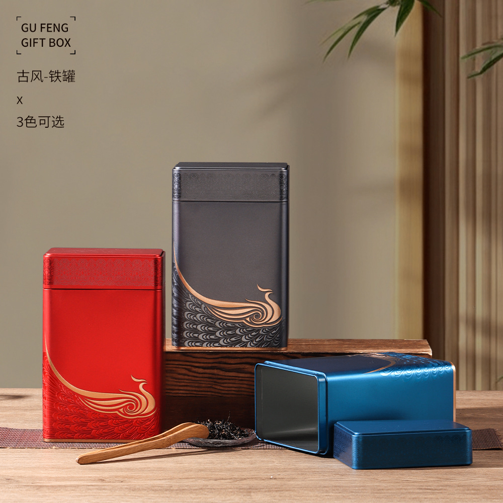 Bộ 2 Hộp Trà Thiếc Hình Chữ Nhật Cao Viền Ngang Họa Tiết Phượng Vân Kèm Túi Quà - Màu Đỏ & Xanh Sang Trọng