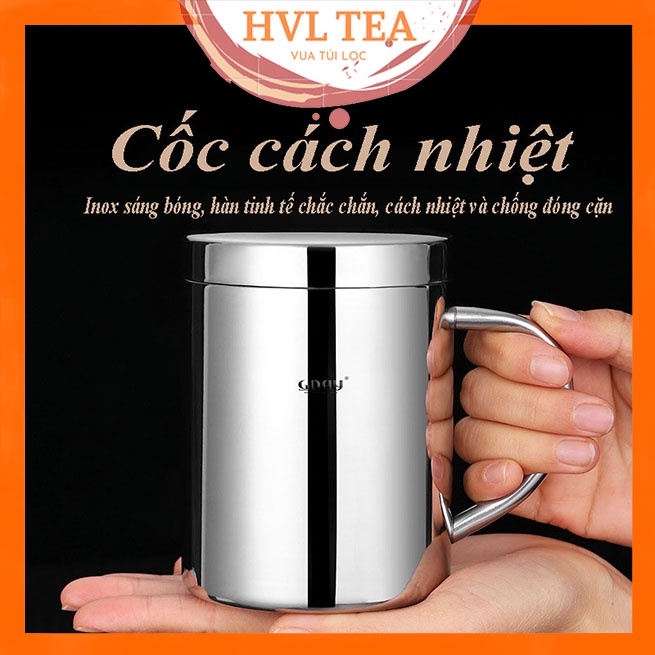 Cốc inox cách nhiệt, có quai, có nắp, cứng bền, cách nhiệt, ca inox 304 cao cấp - HVL TEA