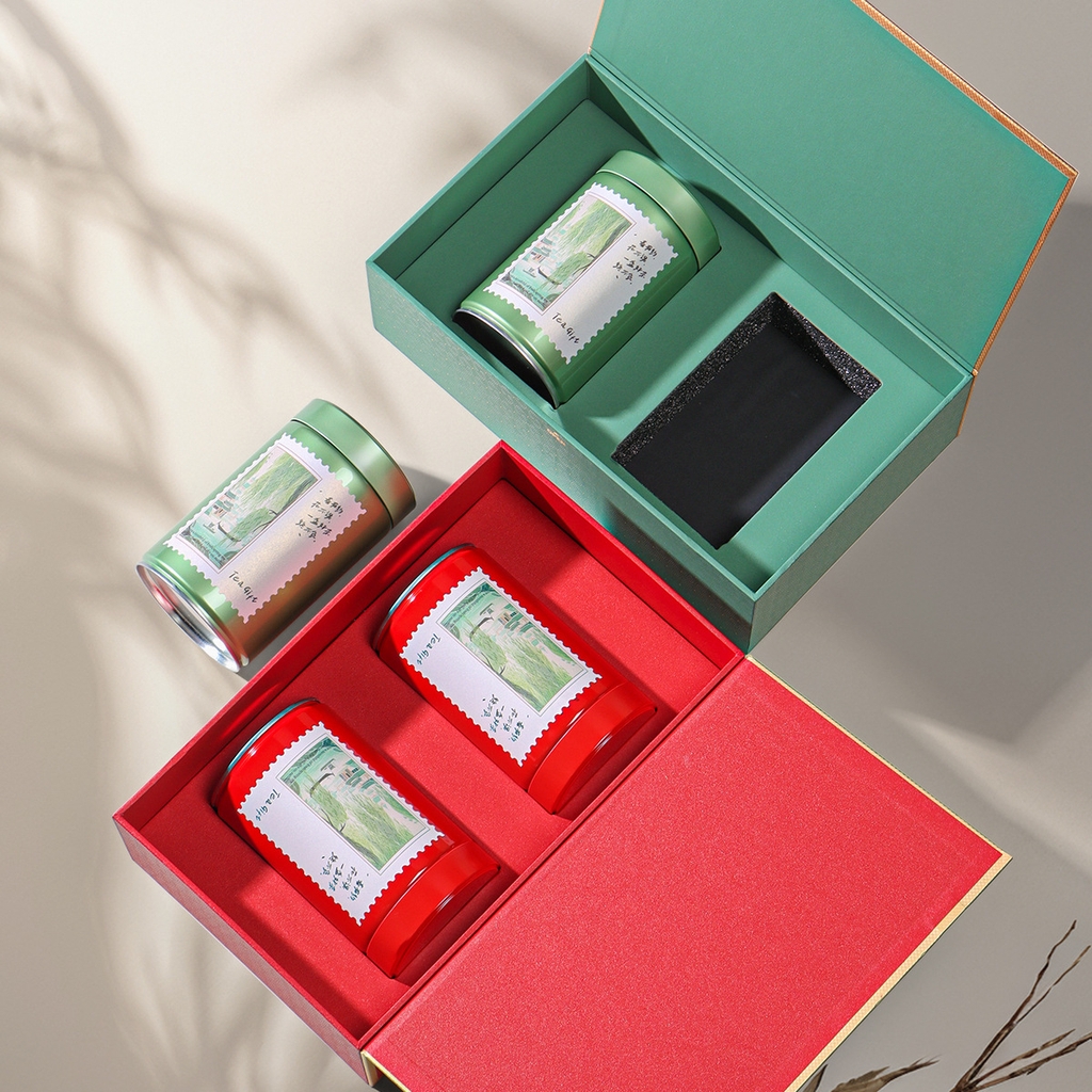 Bộ Hộp Trà Trụ Tròn Hoạ Tiết Lá Trà Cao Cấp