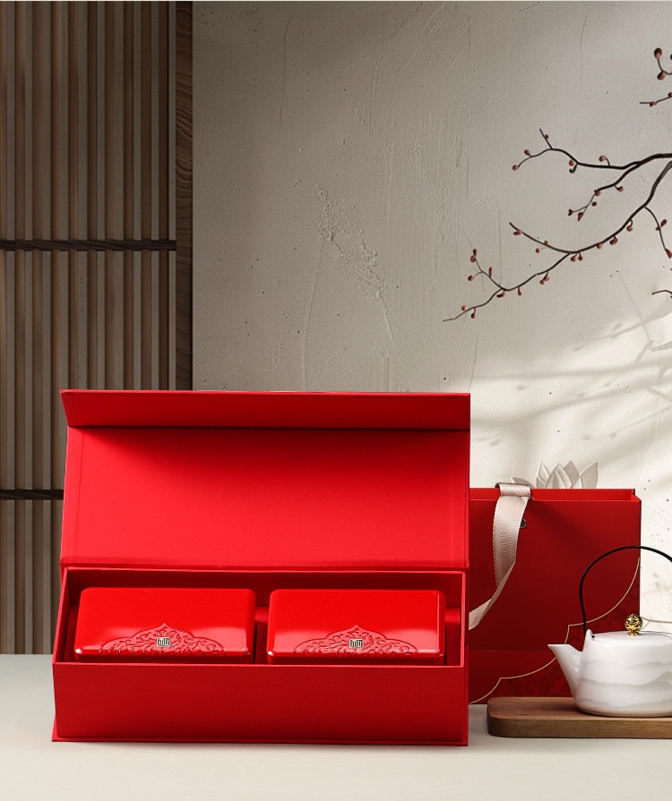 Bộ Hộp Trà Thiếc Họa Tiết Mây Lộc Kèm Túi Quà - Màu Đỏ Sang Trọng