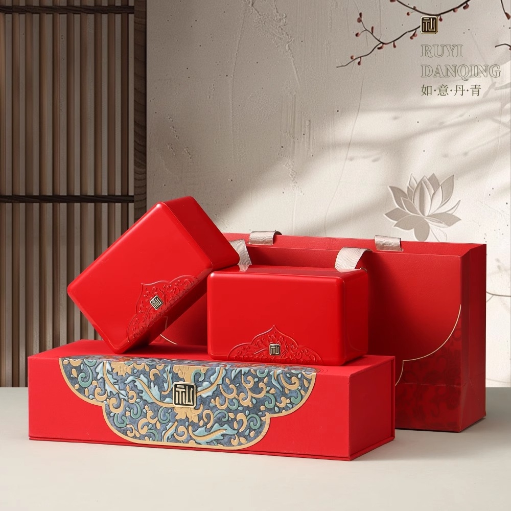 Bộ Hộp Trà Thiếc Họa Tiết Mây Lộc Kèm Túi Quà - Màu Đỏ Sang Trọng