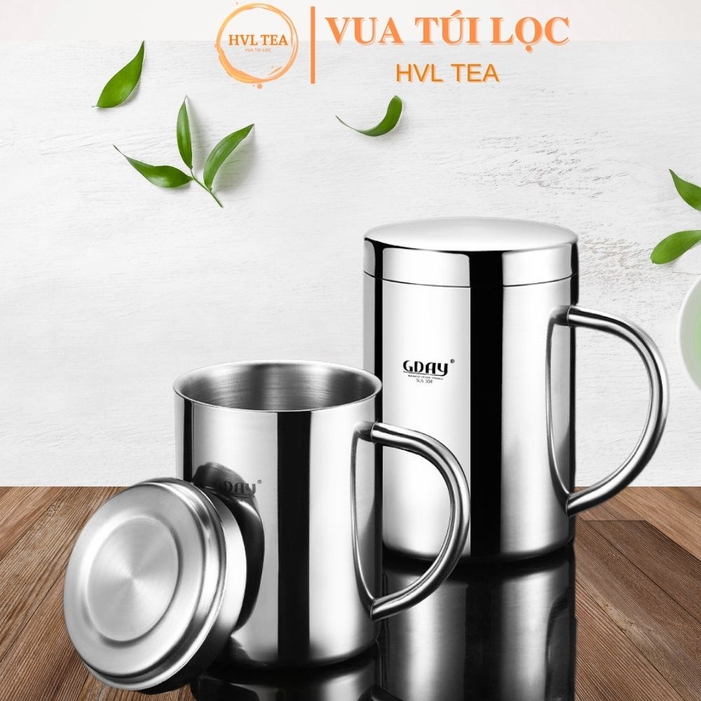 Cốc inox cách nhiệt, có quai, có nắp, cứng bền, cách nhiệt, ca inox 304 cao cấp - HVL TEA