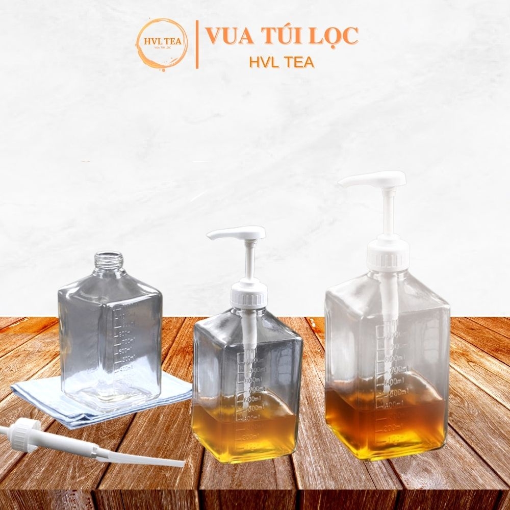 Bình bơm đường/siro thủy tinh có pump 1100ml cao cấp, loại tốt - HVL TEA