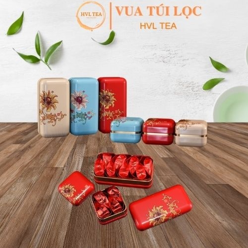 Hộp thiếc đựng trà cạnh tròn hoạ tiết hoa - HVL TEA