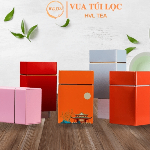 Hộp đựng trà thiếc hình chữ nhật cao viền ngang mẫu mới - HVL TEA