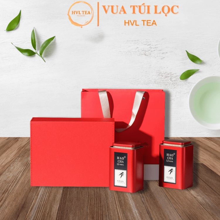Bộ hộp trà thiếc họa tiết lá trúc kèm túi quà tặng cao cấp - HVL TEA