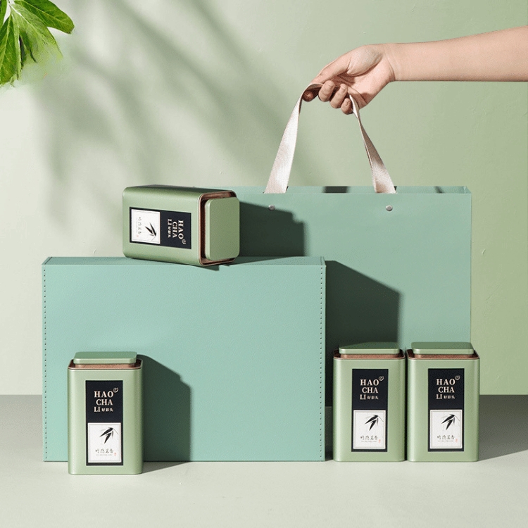 Bộ hộp trà thiếc họa tiết lá trúc kèm túi quà tặng cao cấp - HVL TEA