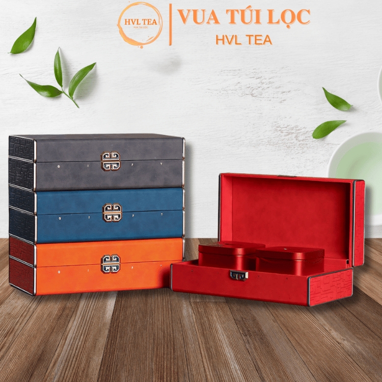 Bộ hộp trà nắp khoá hoa văn kèm túi quà tặng cao cấp - HVL TEA