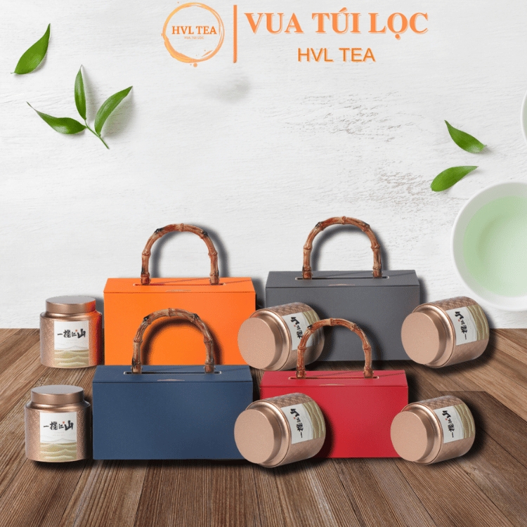 Bộ hộp trà có tay cầm gỗ 2 hộp tròn cao cấp - HVL TEA