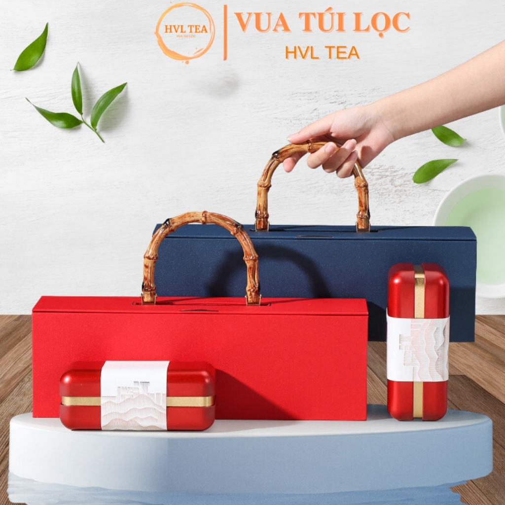 Bộ hộp trà có tay cầm gỗ hộp cạnh tròn cao cấp, sang trọng - HVL TEA