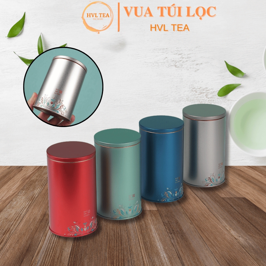 Hộp trà thiếc hình trụ tròn hoạ tiết hoa văn mẫu mới - HVL TEA