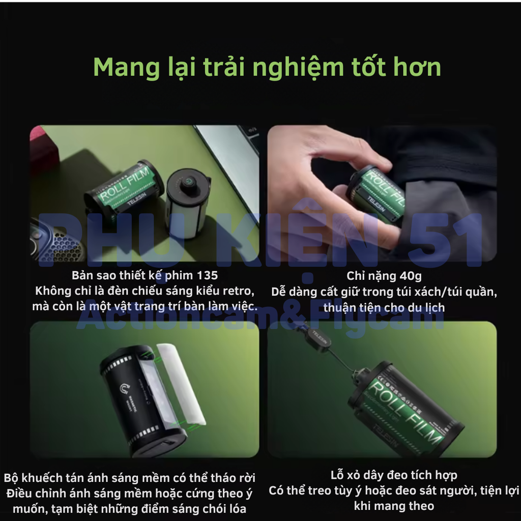 Đèn Telesin Mini trợ sáng Actioncam máy ảnh , trang trí đẹp gắn ngàm Cold Shoe