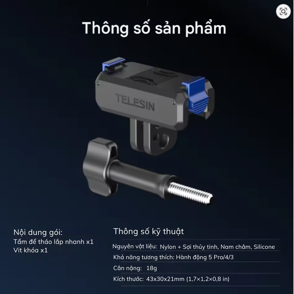 Ngàm Telesin Osmo Action 5 4 3 Osmo 360 Nano tích hợp ren 1/4 tiện lợi